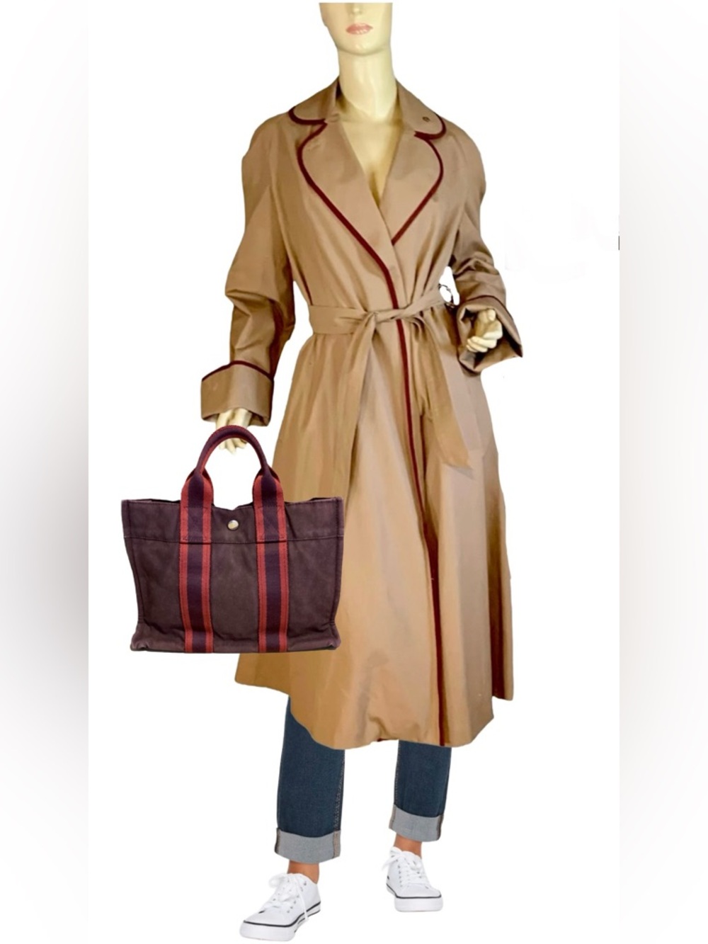 VINTAGE 1970'S ETIENNE AIGNER BROWN WITH BURGUNDY TRIM TRENCH COAT (10)